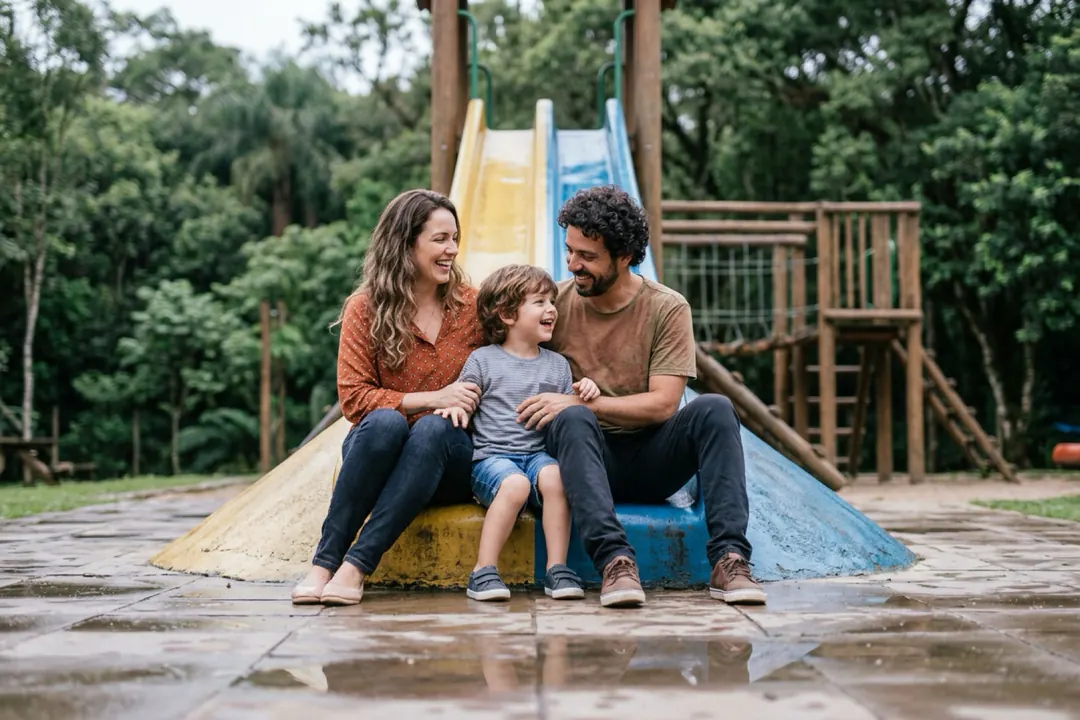 Família num parque de lazer depois da chuva